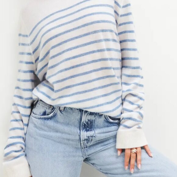 Reformation Recycle 100% Cashmere Luxrury Sailbor Parisian Blue Striped Sweater - Picture 3 of 6